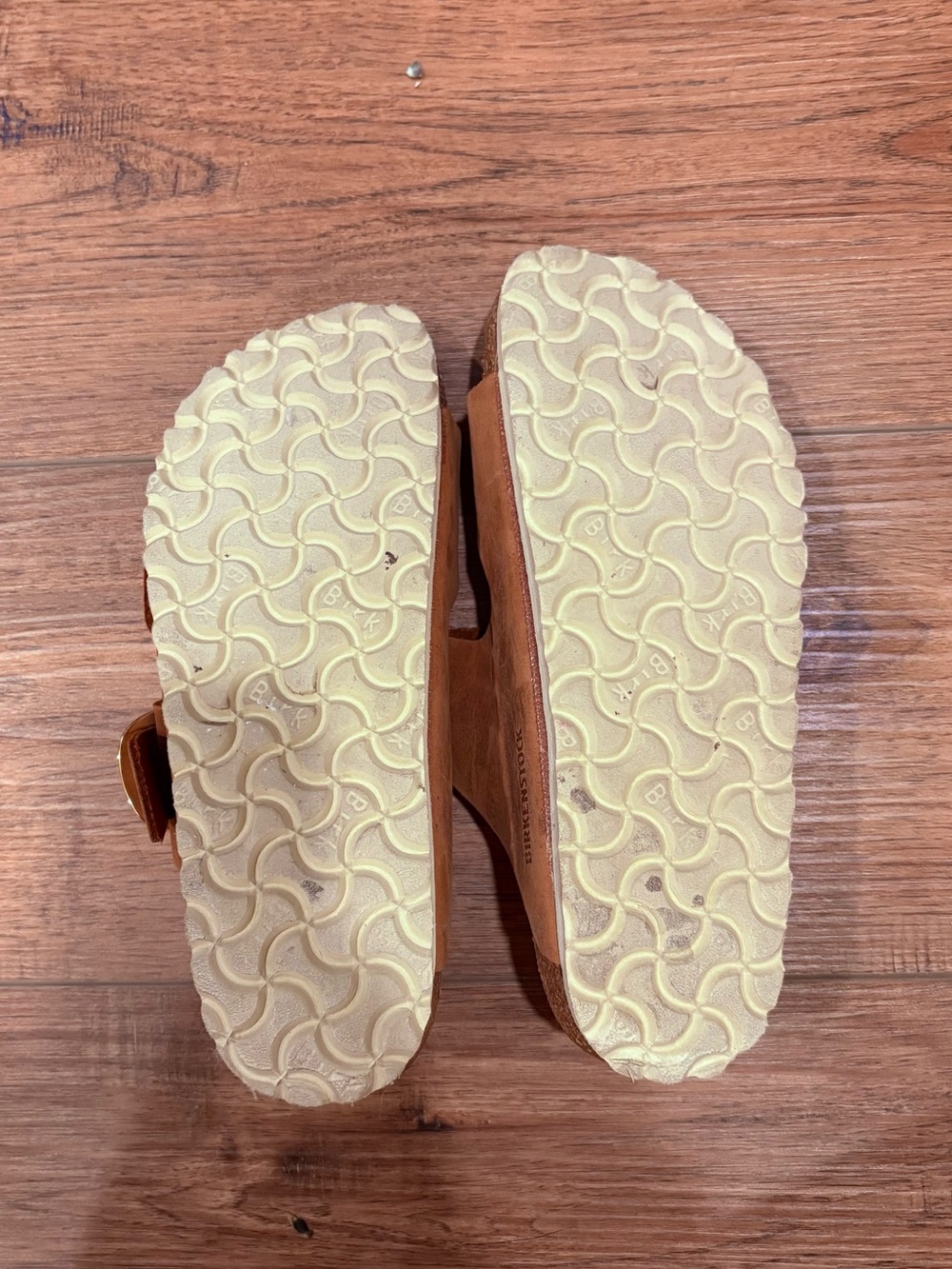 Birkenstock Tan Suede Two-Strap Sandals with Gold Buckles - Picture 3 of 3